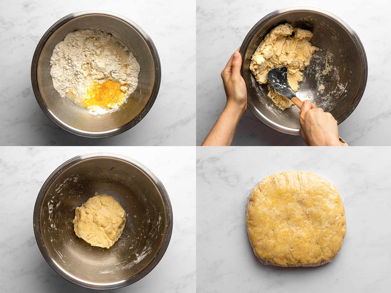A four-image collage showing the dough being made in a stainless steel bowl, and then the complete dough wrapped in plastic wrap.