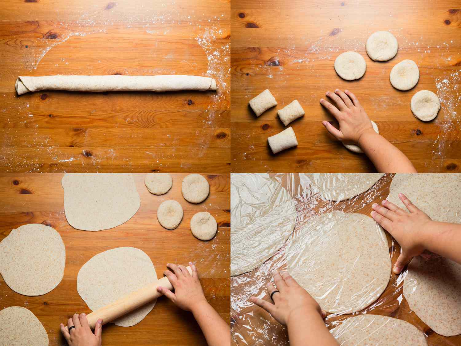 Four image collage of rolling out chapati dough