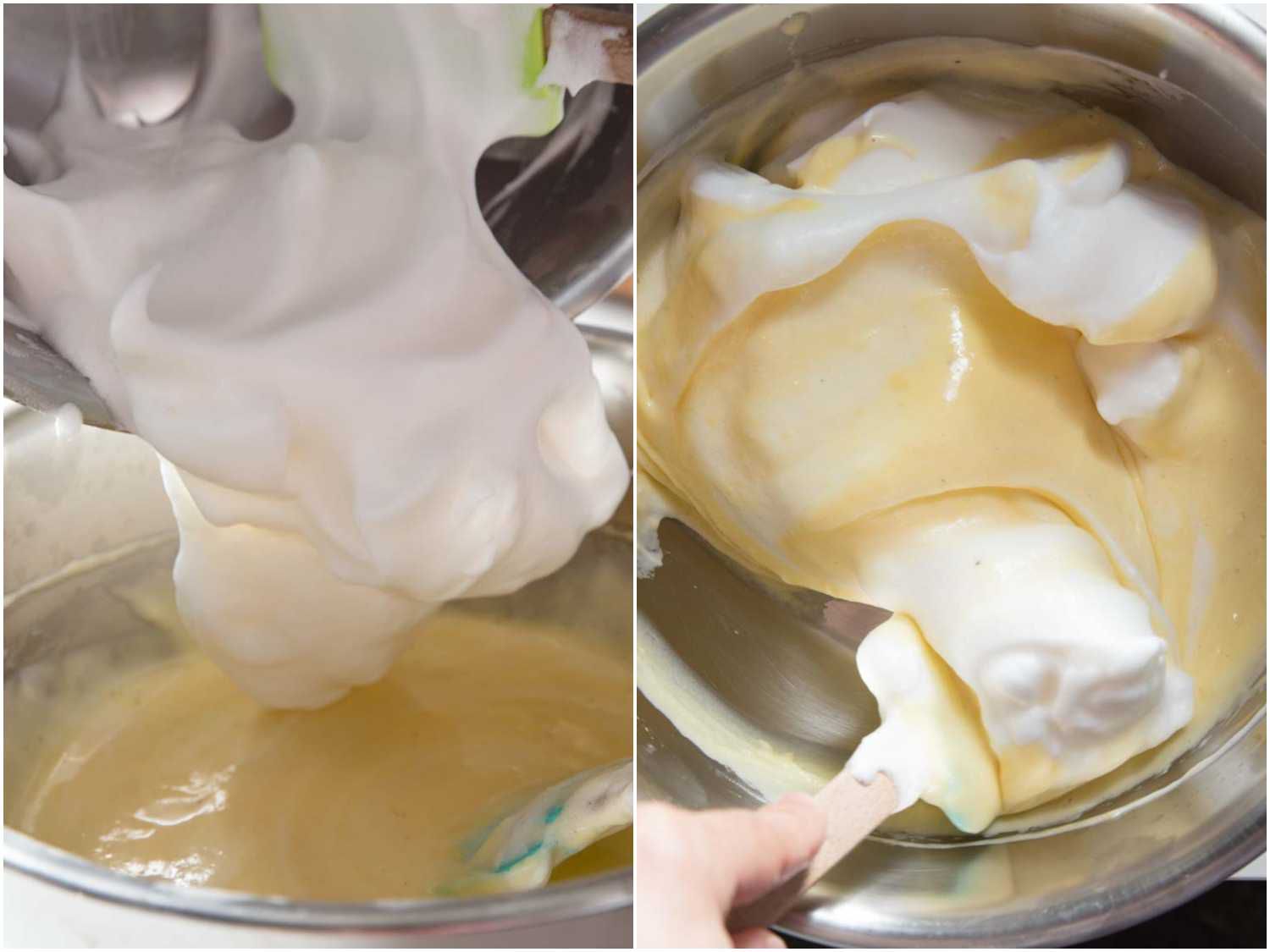 A 2-image collage showing a hand using a spatula to gently fold egg whites into soufflé batter.