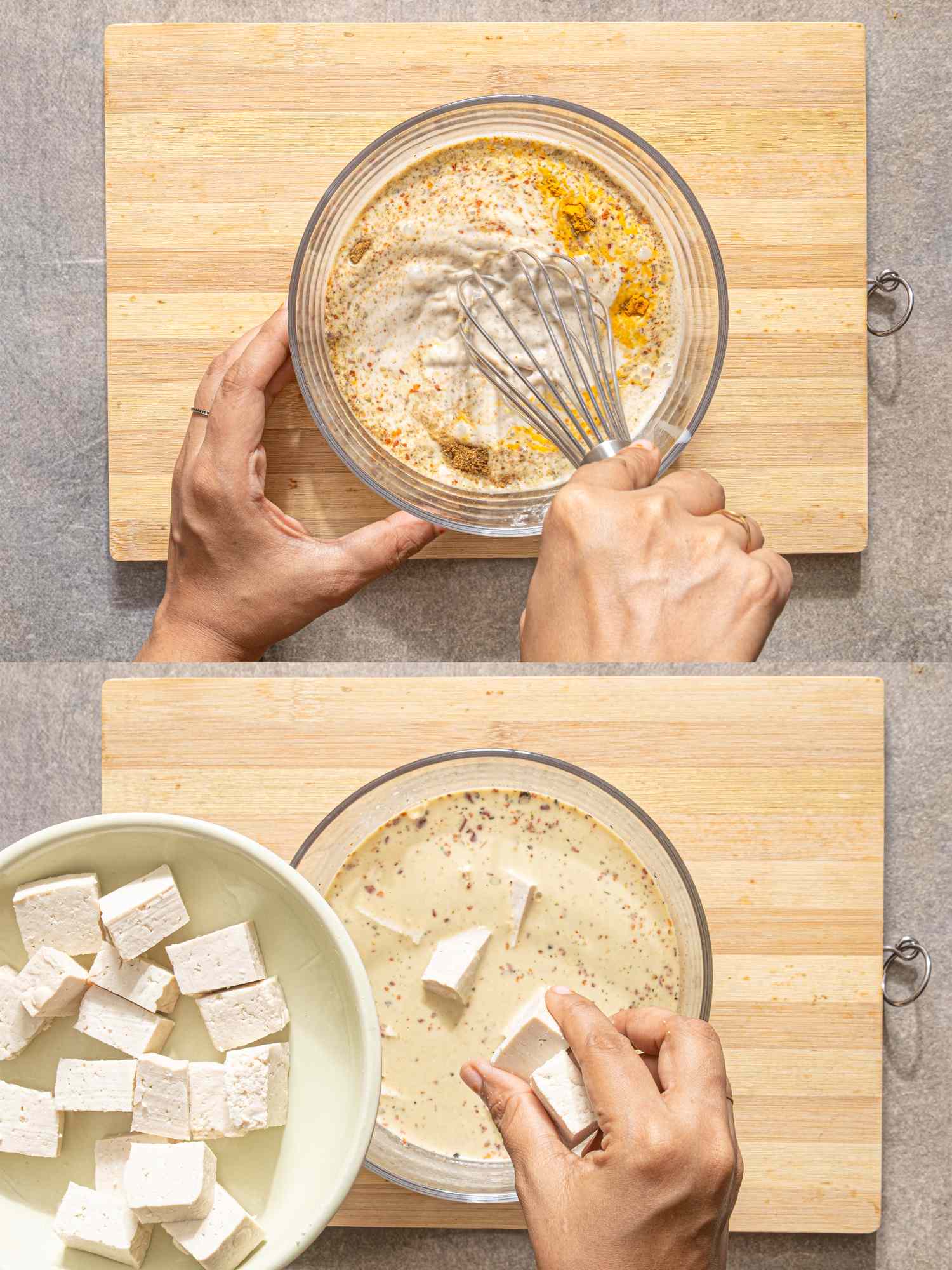 Twostep preparation process for tofu tikka masala involving whisking of marinade ingredients and dipping tofu cubes into the mixture