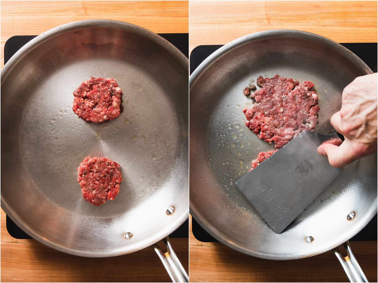 Two beef patties in a skillet; smashing with a flat spatula
