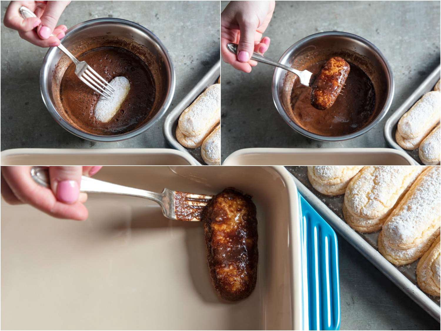 Collage of dipping ladyfingers in coffee chocolate syrup.