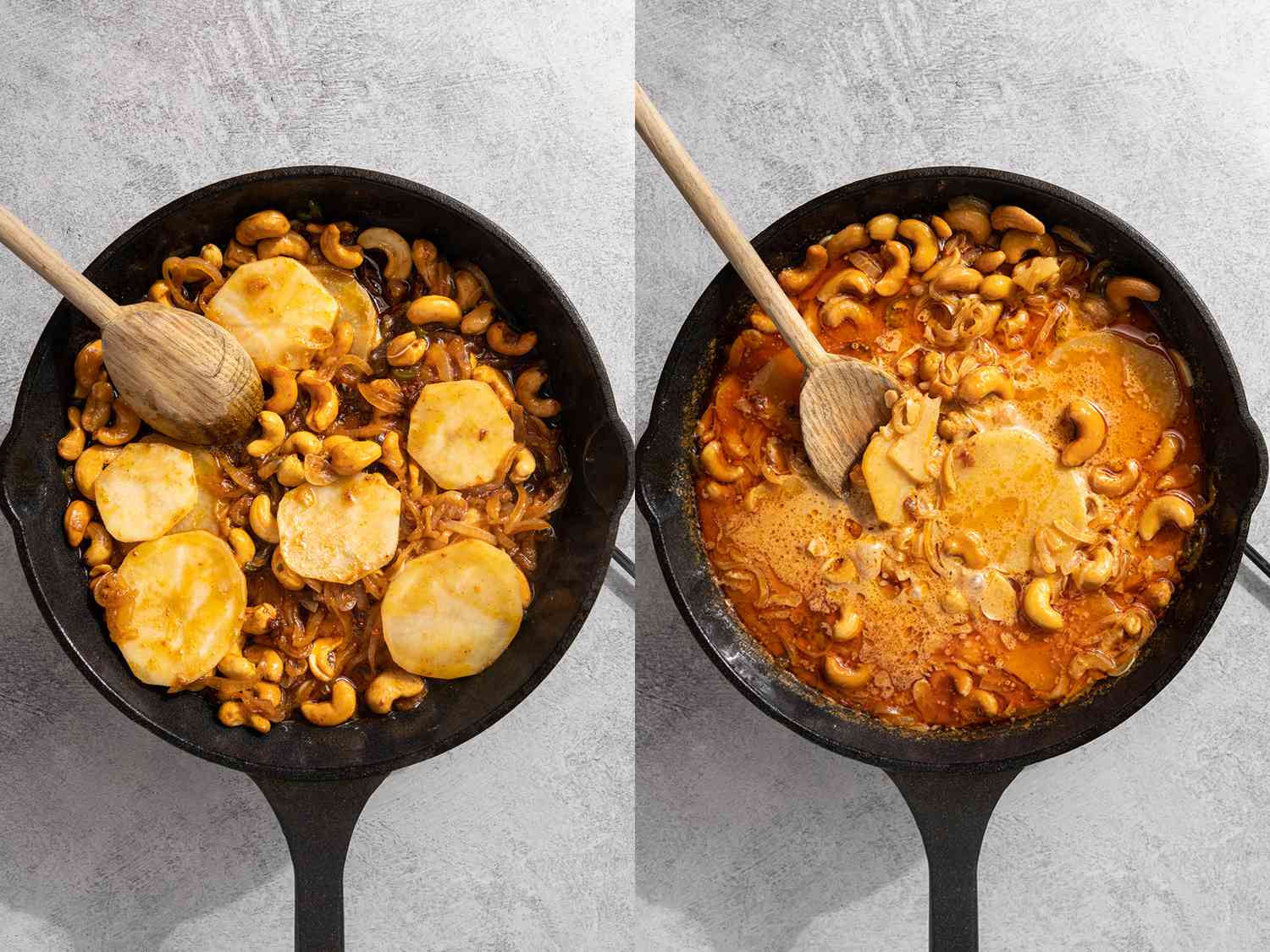 Potatoes and cashews added to the pan