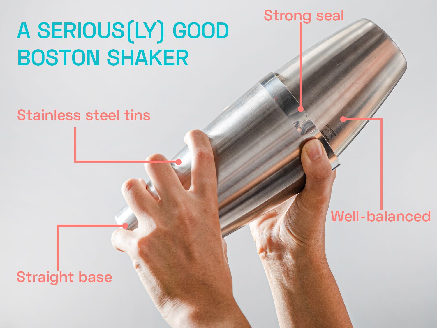 Boston shaker being held by two hands and with text around it