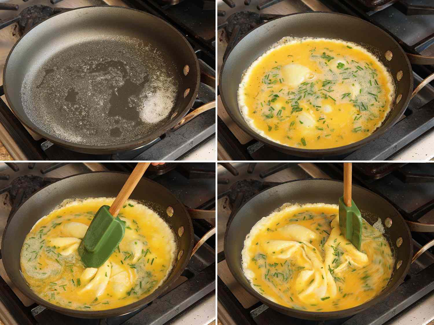 A four-image collage showing the eggs for an omelette being cooked.