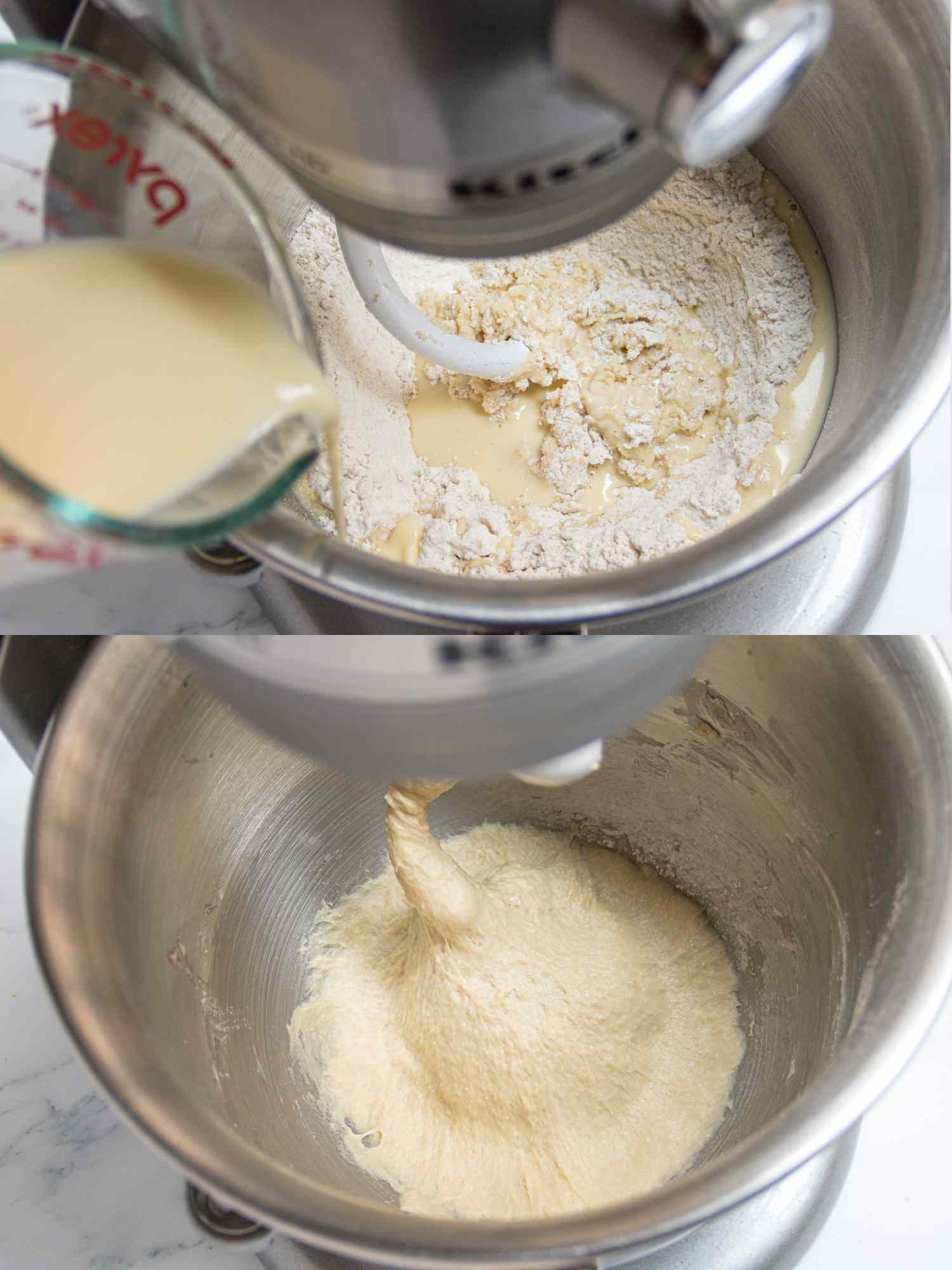2 image collage: Top: Pouring milk mixture into flour on srtand mixer, Bottom:Dough mixed together in mixer, with no flour remains