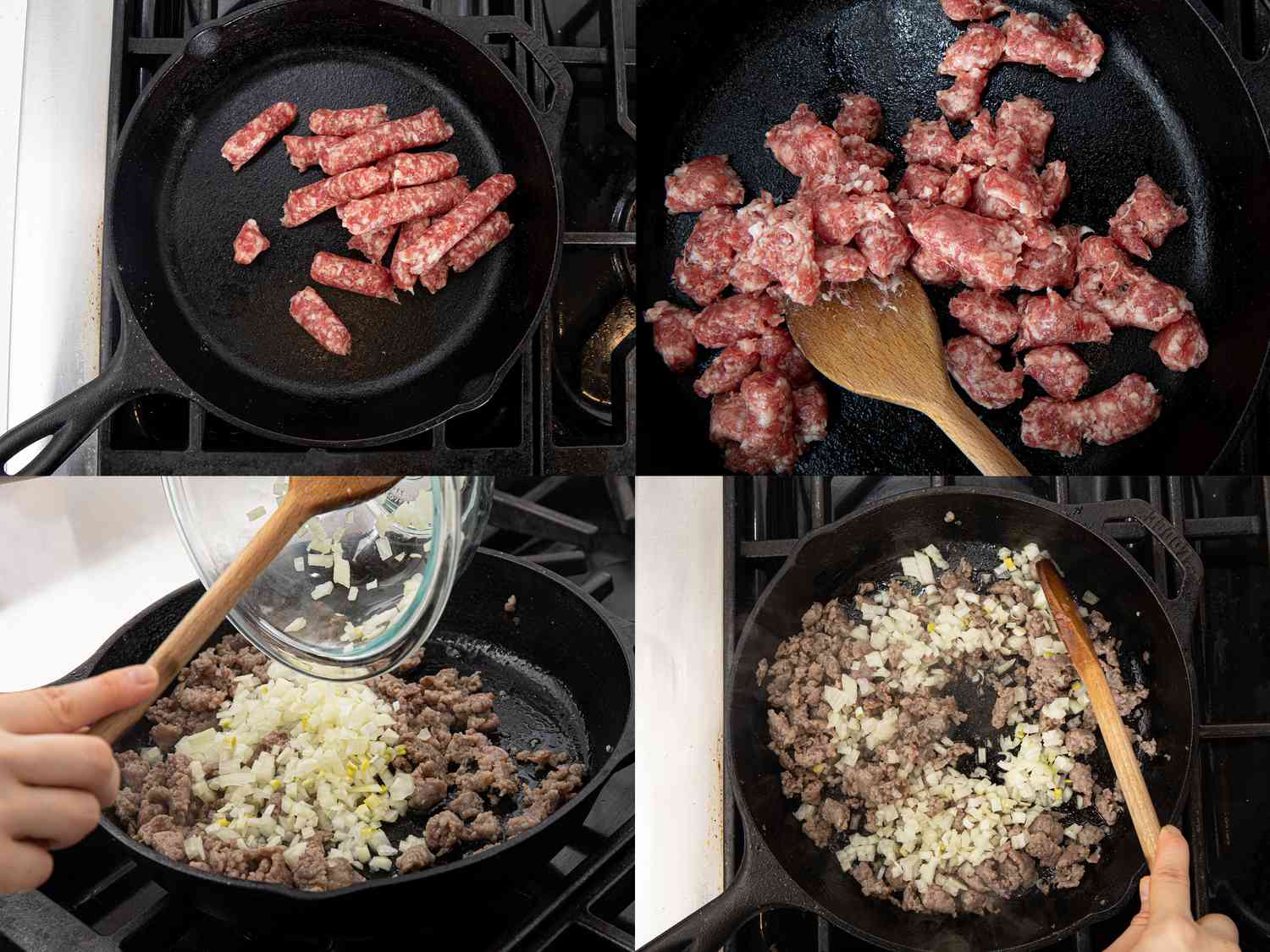 Four image collage of overhead view of cooking sausage and onions