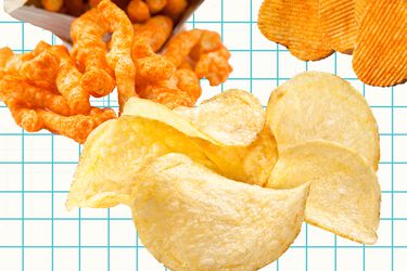 Image of plain potato chips, cheese curls, and ridged chips