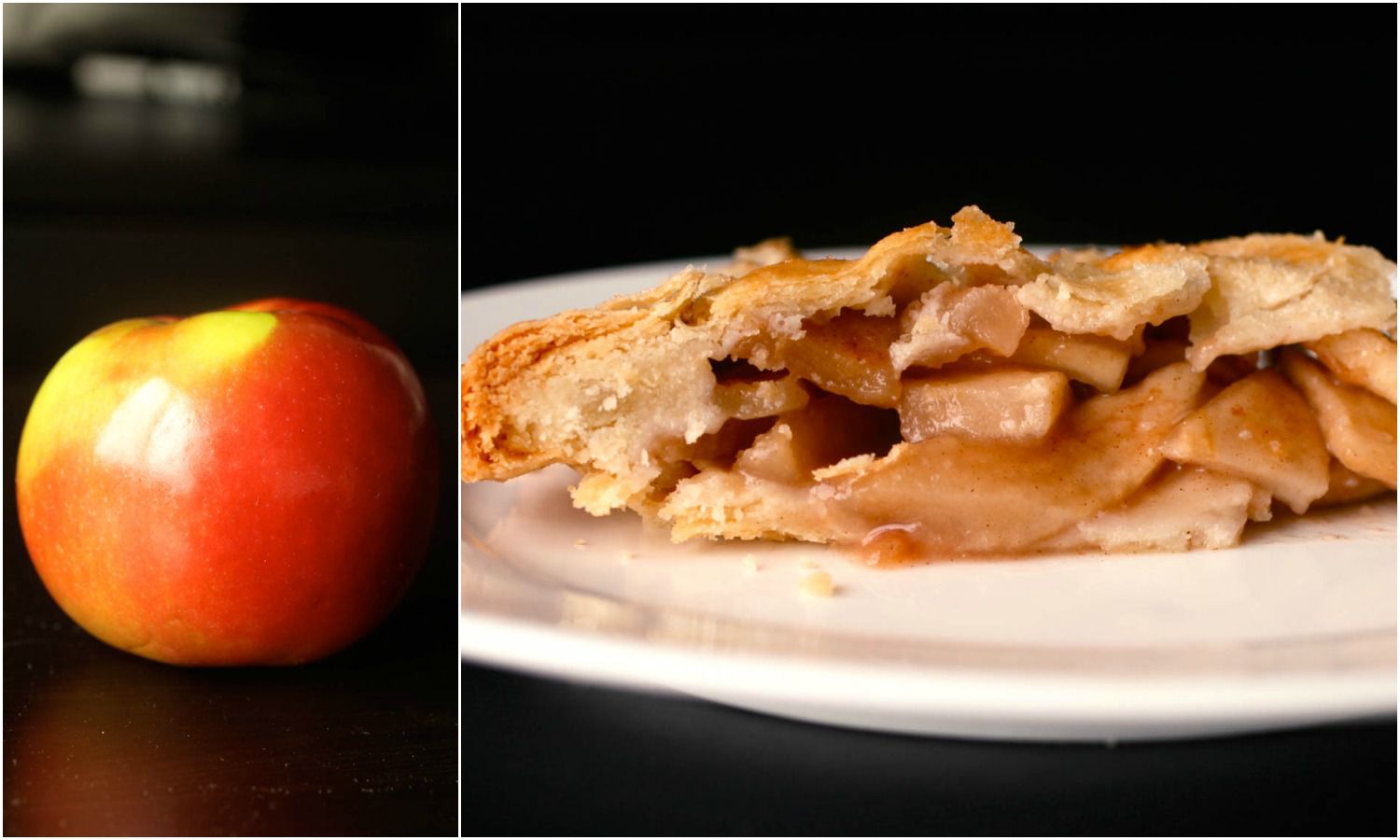 Collage of a McIntosh apple next to a slice of pie made with McIntosh apples