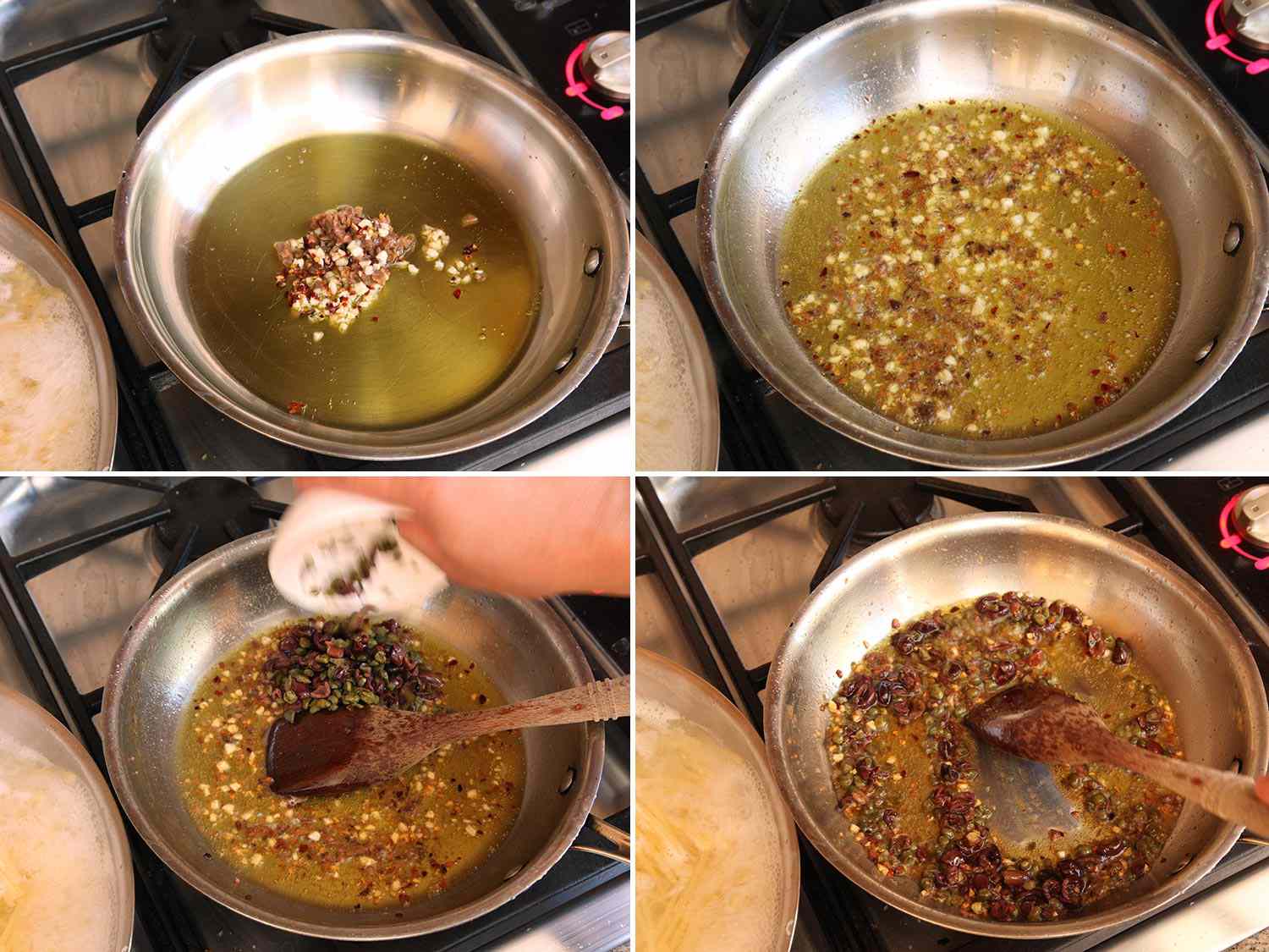 Photo collage showing sautéing garlic, anchovies, capers, and olives in olive oil for pasta puttanesca.