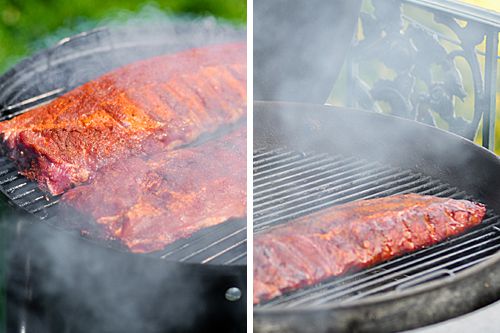 a closeup look at two racks of ribs cooking