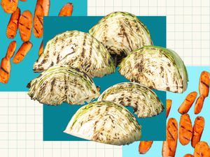 Grilled cabbages and carrots collaged together.