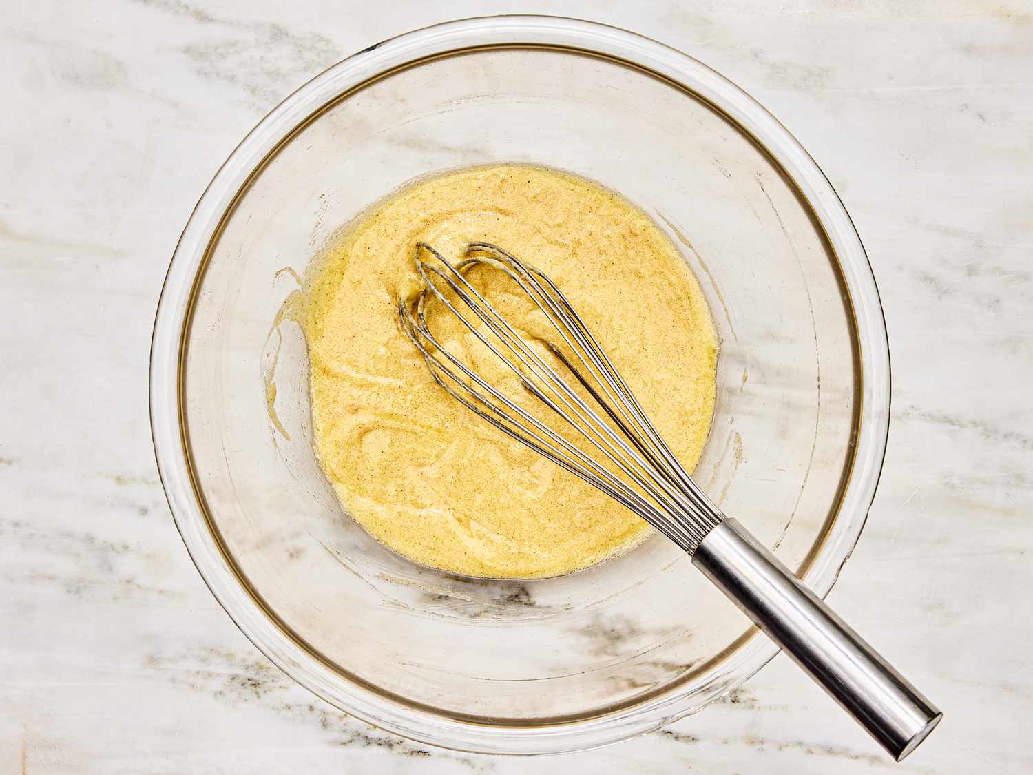 Overhead view of mixing batter
