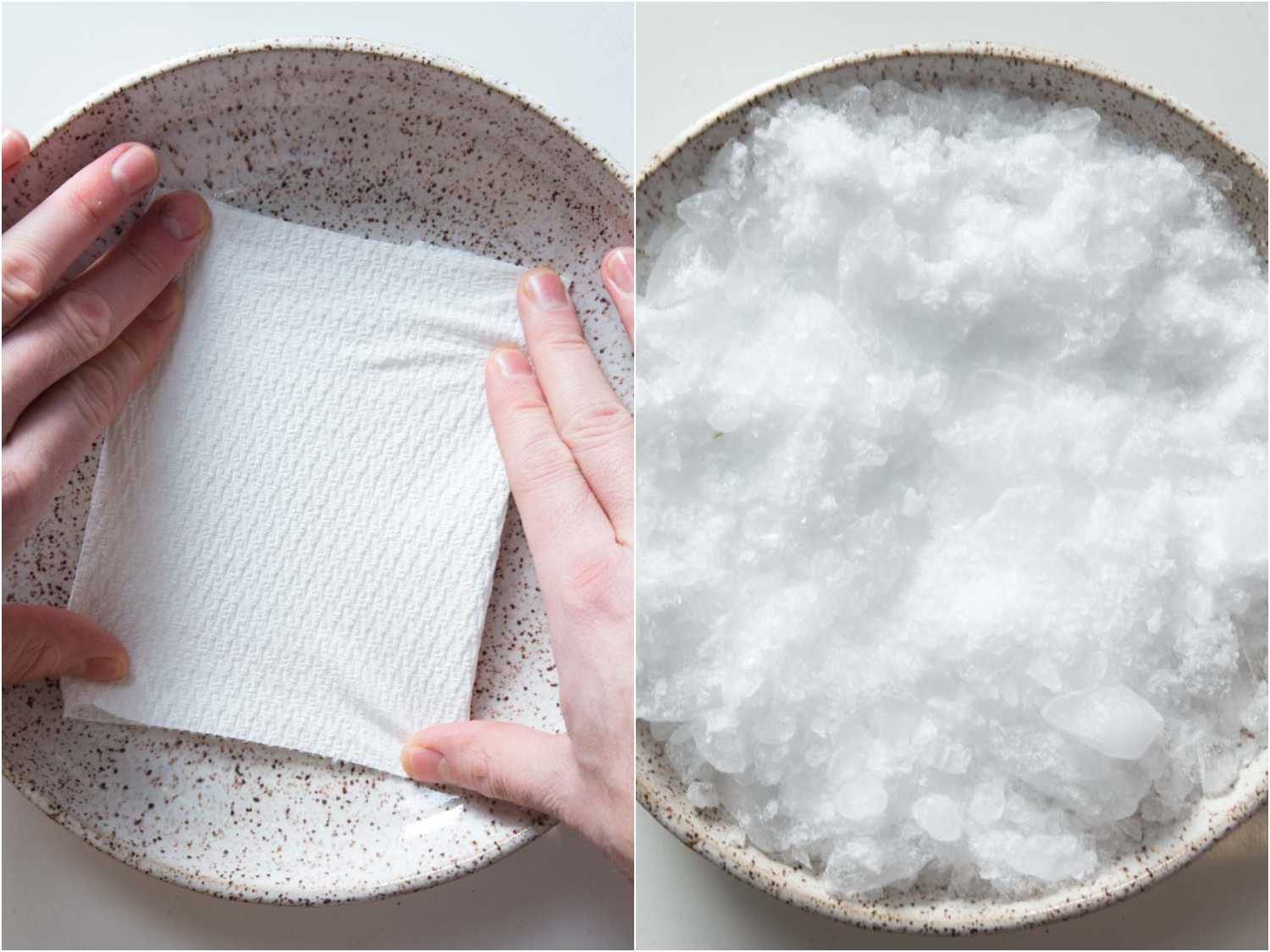 Preparing bowl with crushed ice for oysters