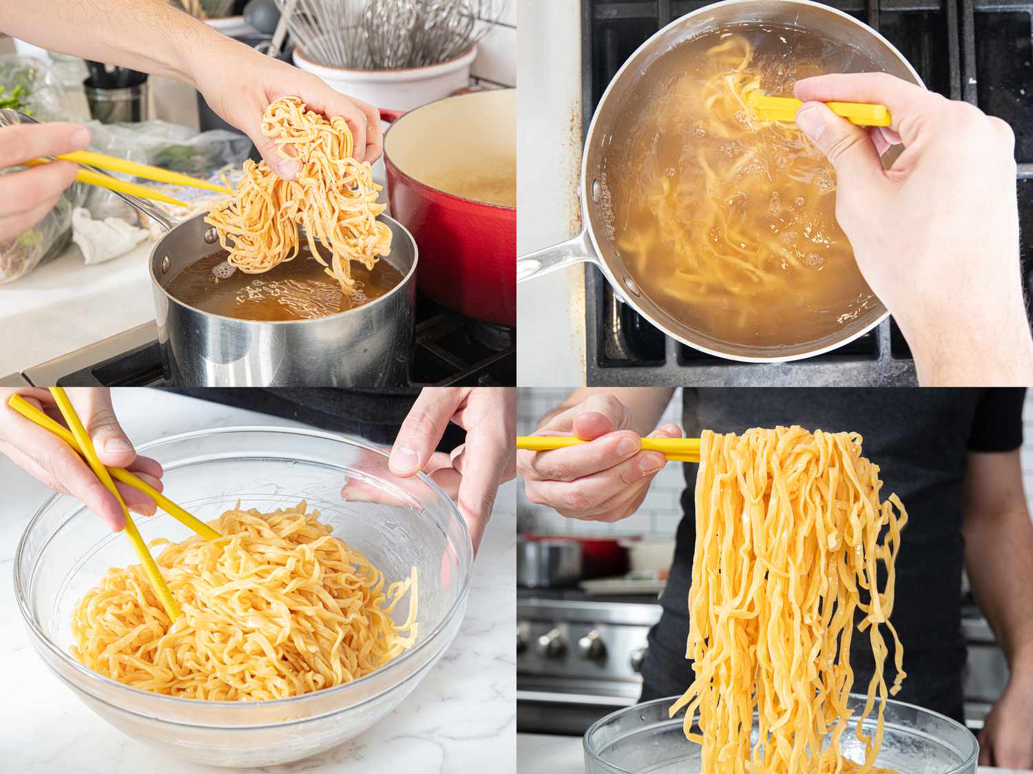 Four image collage of cooking noodles and coating in garlic oil