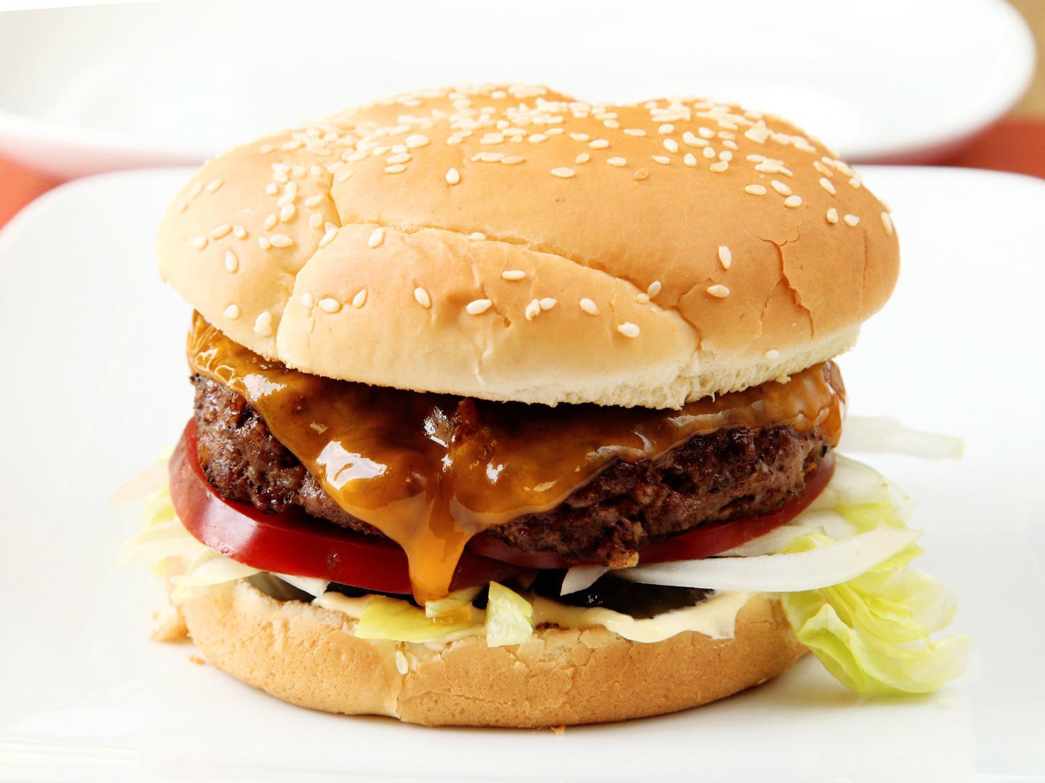 A sous vide cheeseburger on a sesame seed bun with lettuce, onion, and tomatoes.