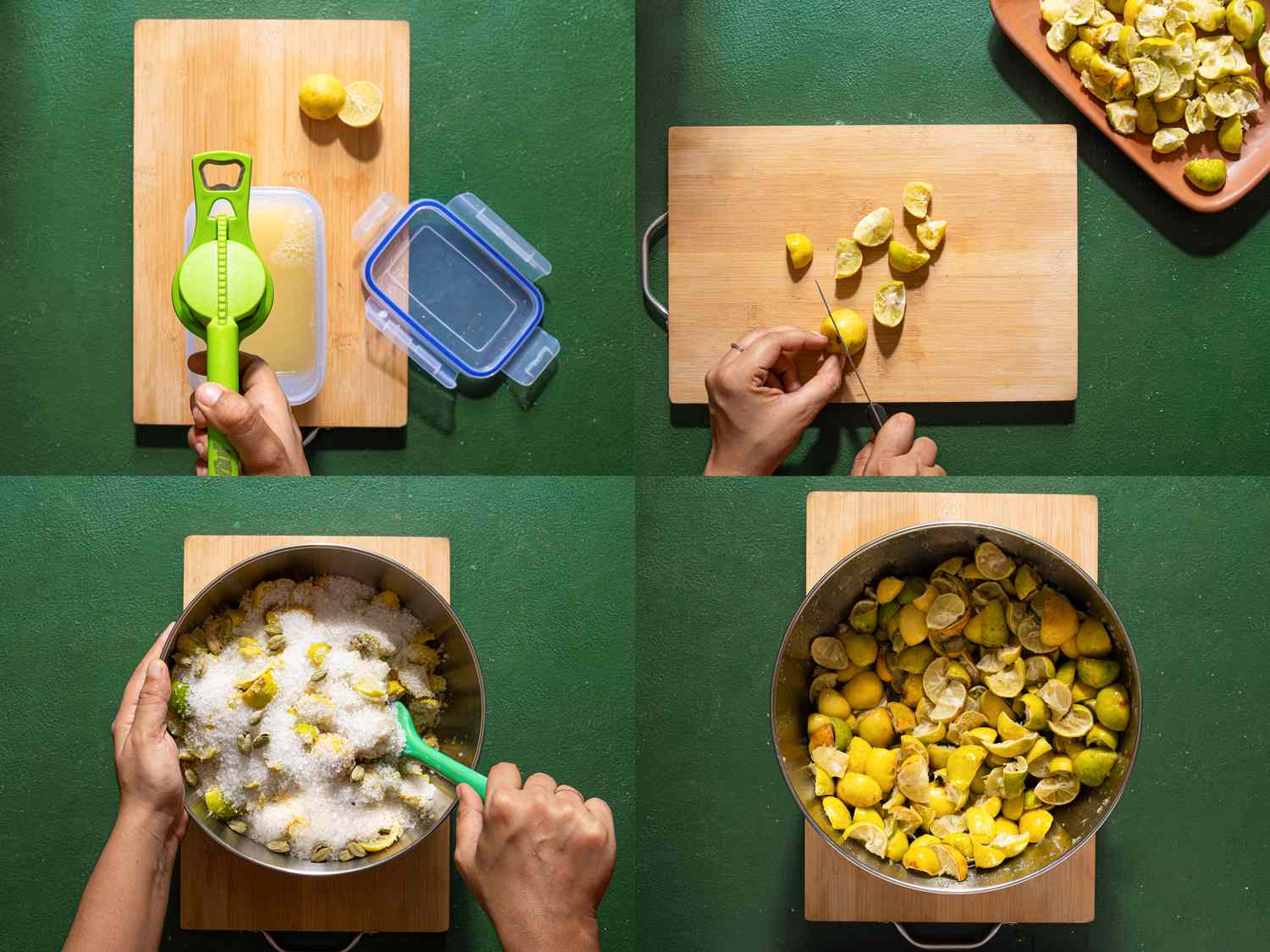 4 image collage. Top left: squeezing lemon into container. Top Right: Slicing lemons. Bottom left: mixing sugar into lemons in bowl. Bottom right: lemon mixture after sitting for hours 