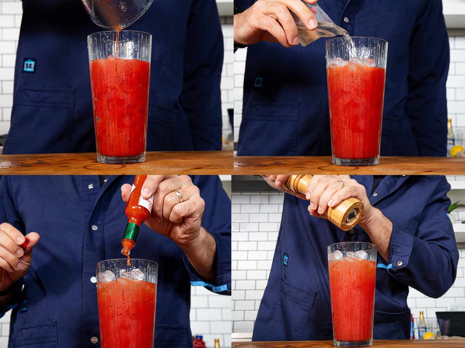 Four image collage of building a glass fo bloody caesar