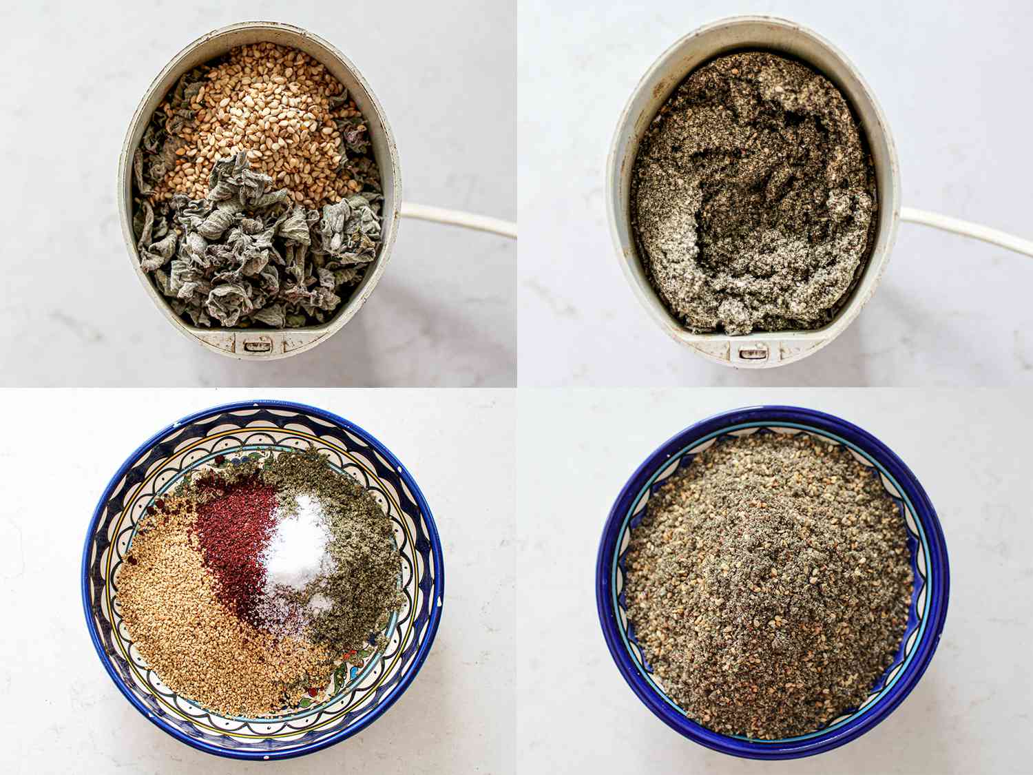 Four Image collage. Top Left: Sumac leaves and sesame sees in a grinder. Top Right: Grinded sesame seeds and sumac leaves. Bottom Left: blue bowl with ground sumac and sesame seeds, sesame seeds, salt in a bowl unmixed. Bottom Right: za'tar in a bowl. 