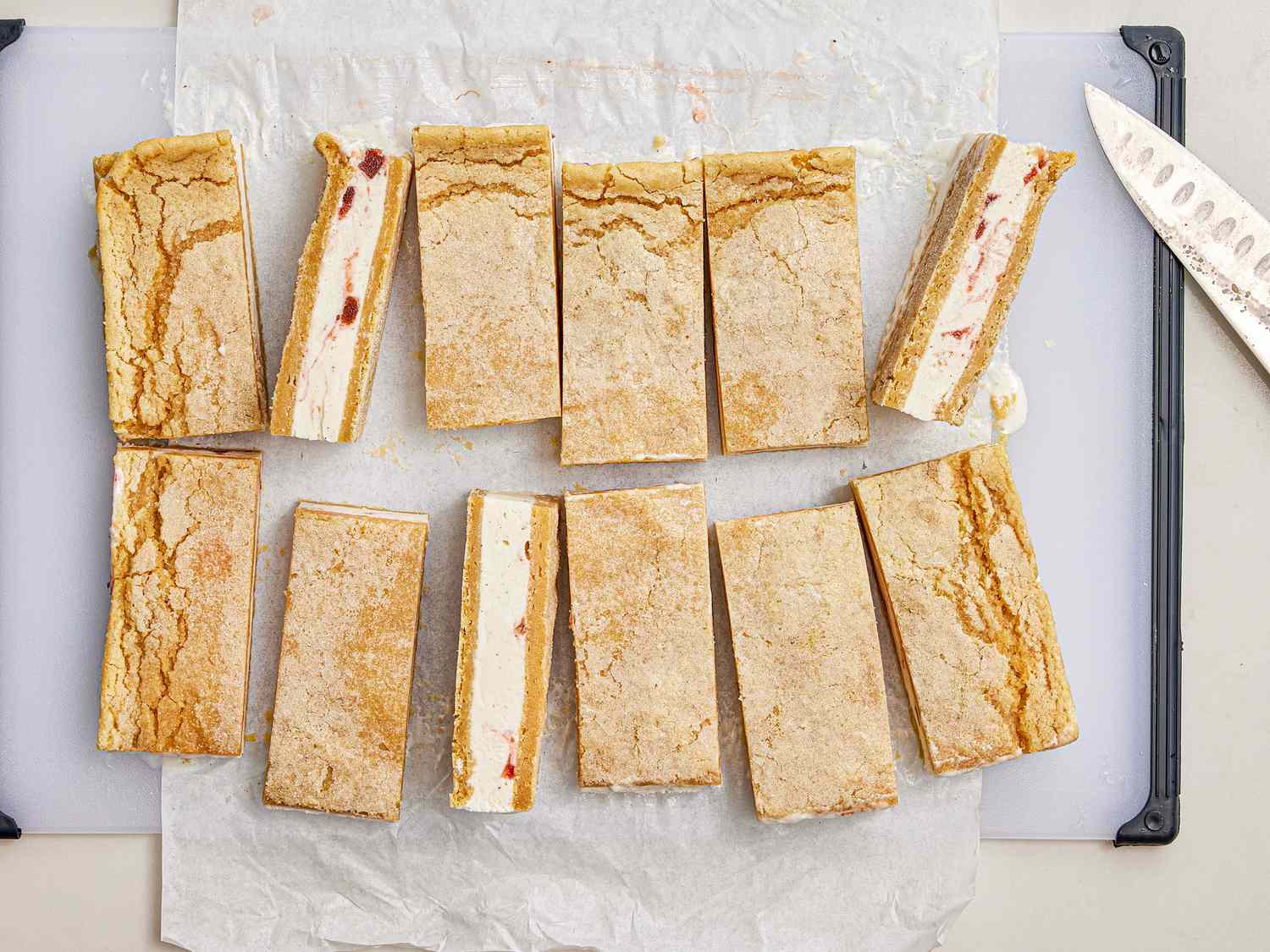 Overhead view of sliced ice cream sandwiches