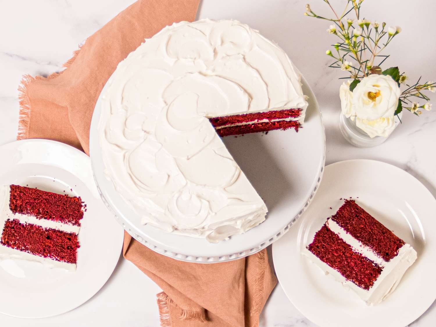 Overh head view of cake with two slices