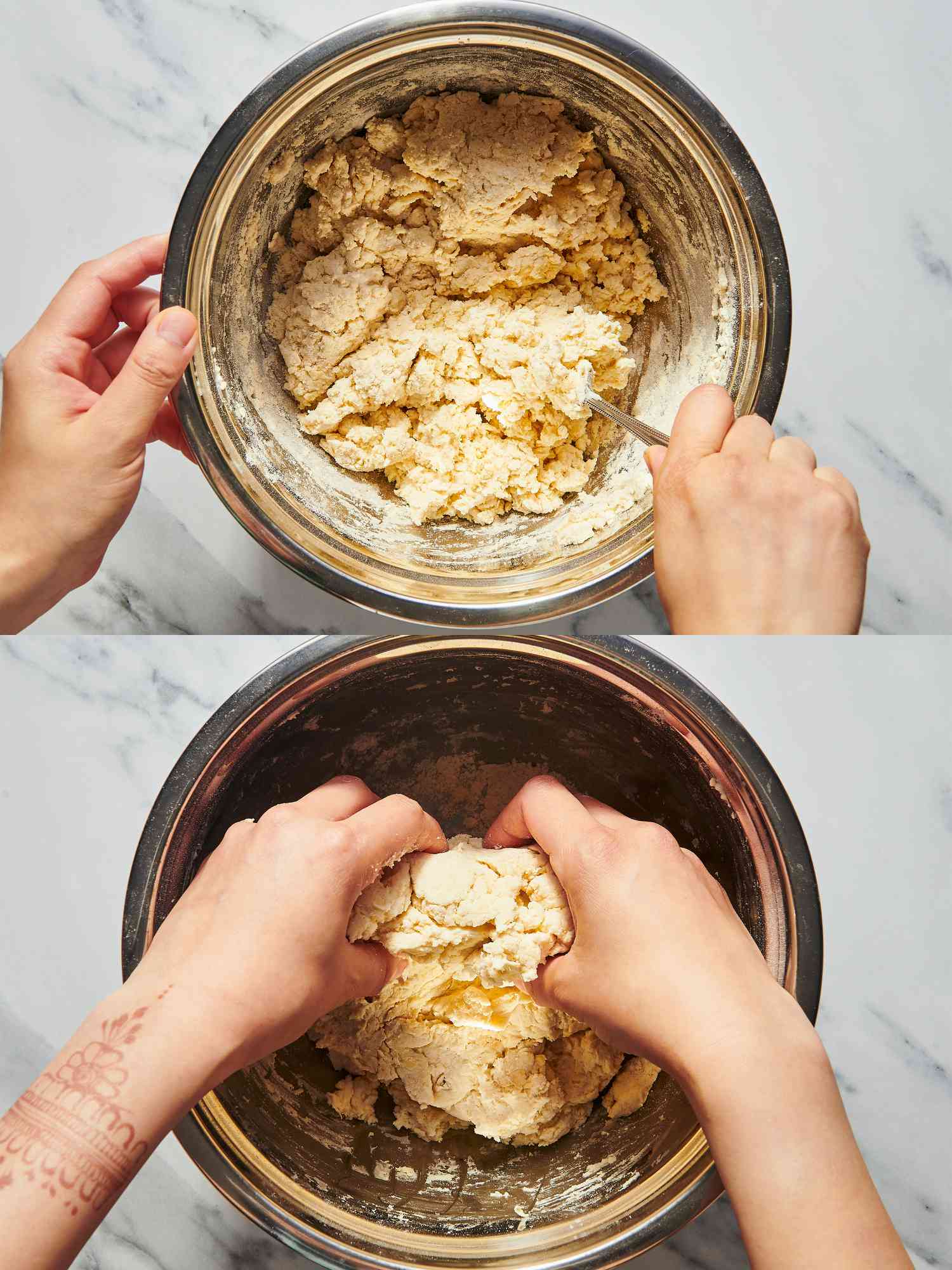 Two image collage of mixing batter 