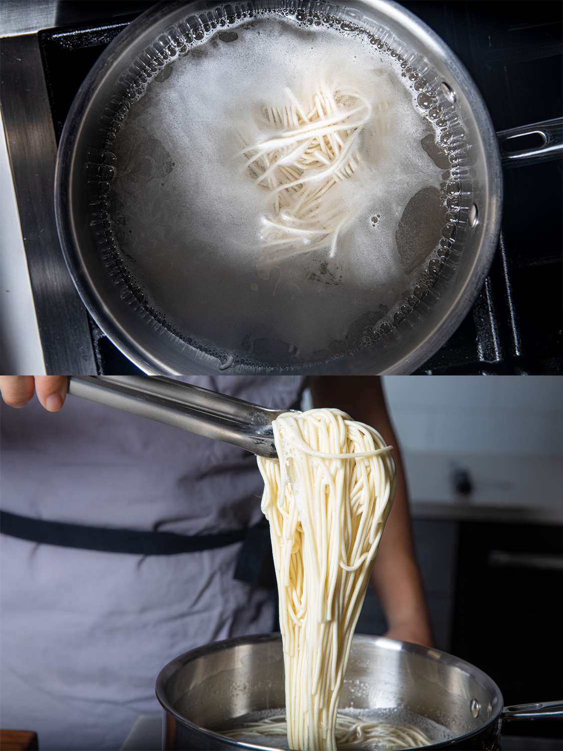 Two image collage. Top Image: Noodles in boiling water on a stove stop. Bottom Image: Cooked noodles being lifted out of a pot 