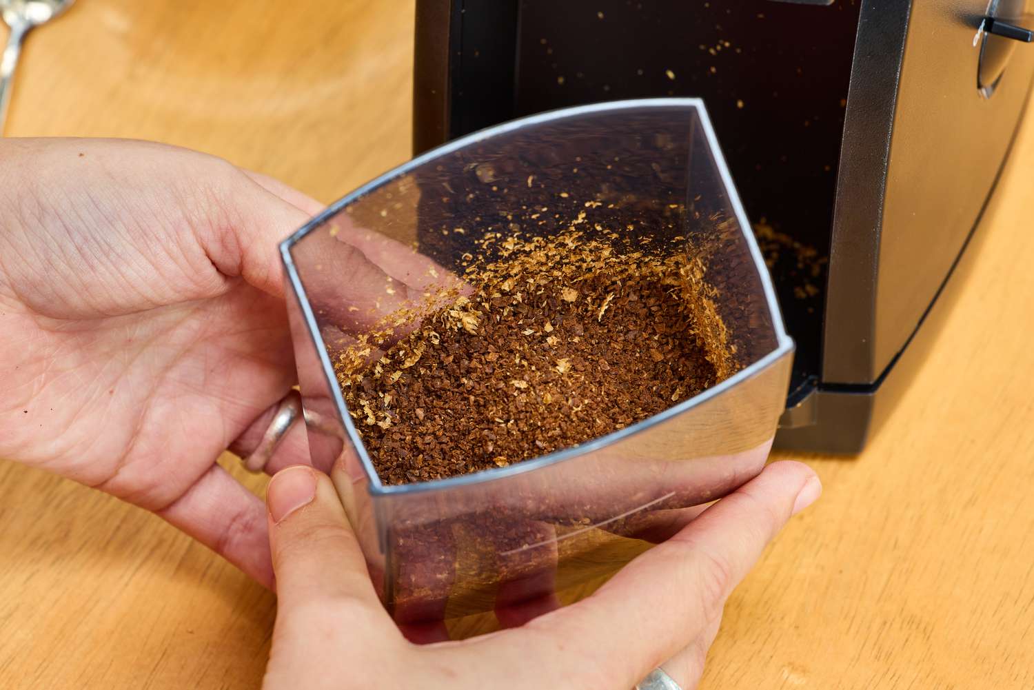 Coffee beans ground in the Baratza Encore Conical Burr Coffee Grinder