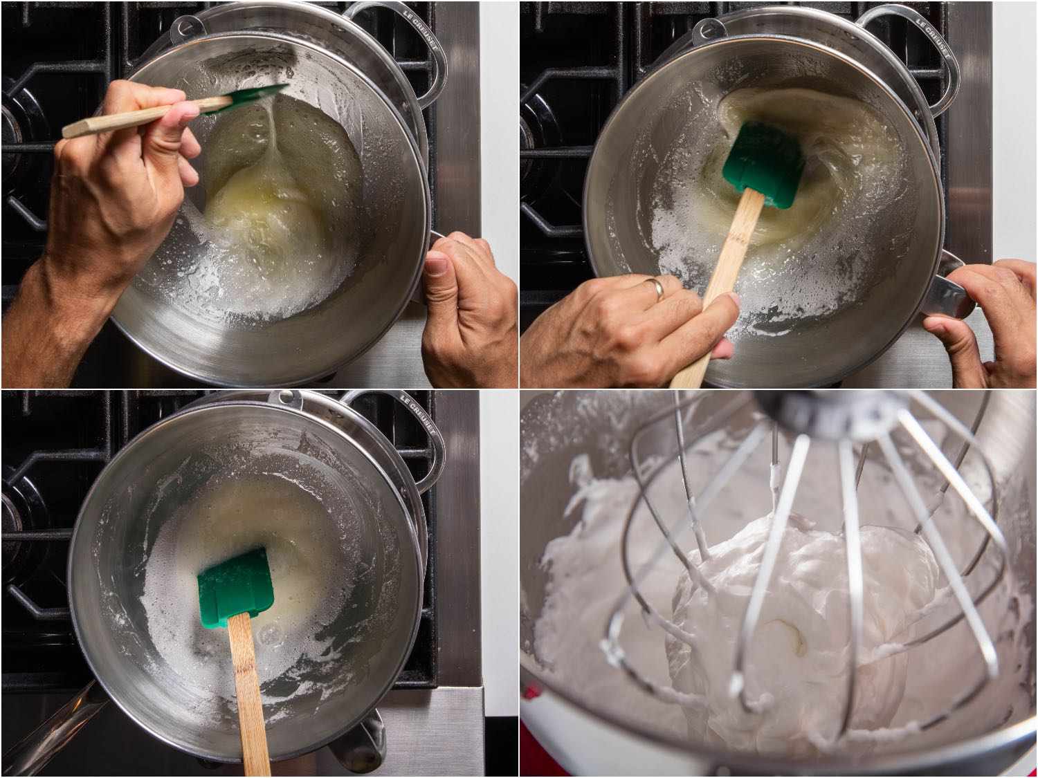 Collage showing heating and whipping of Swiss meringue