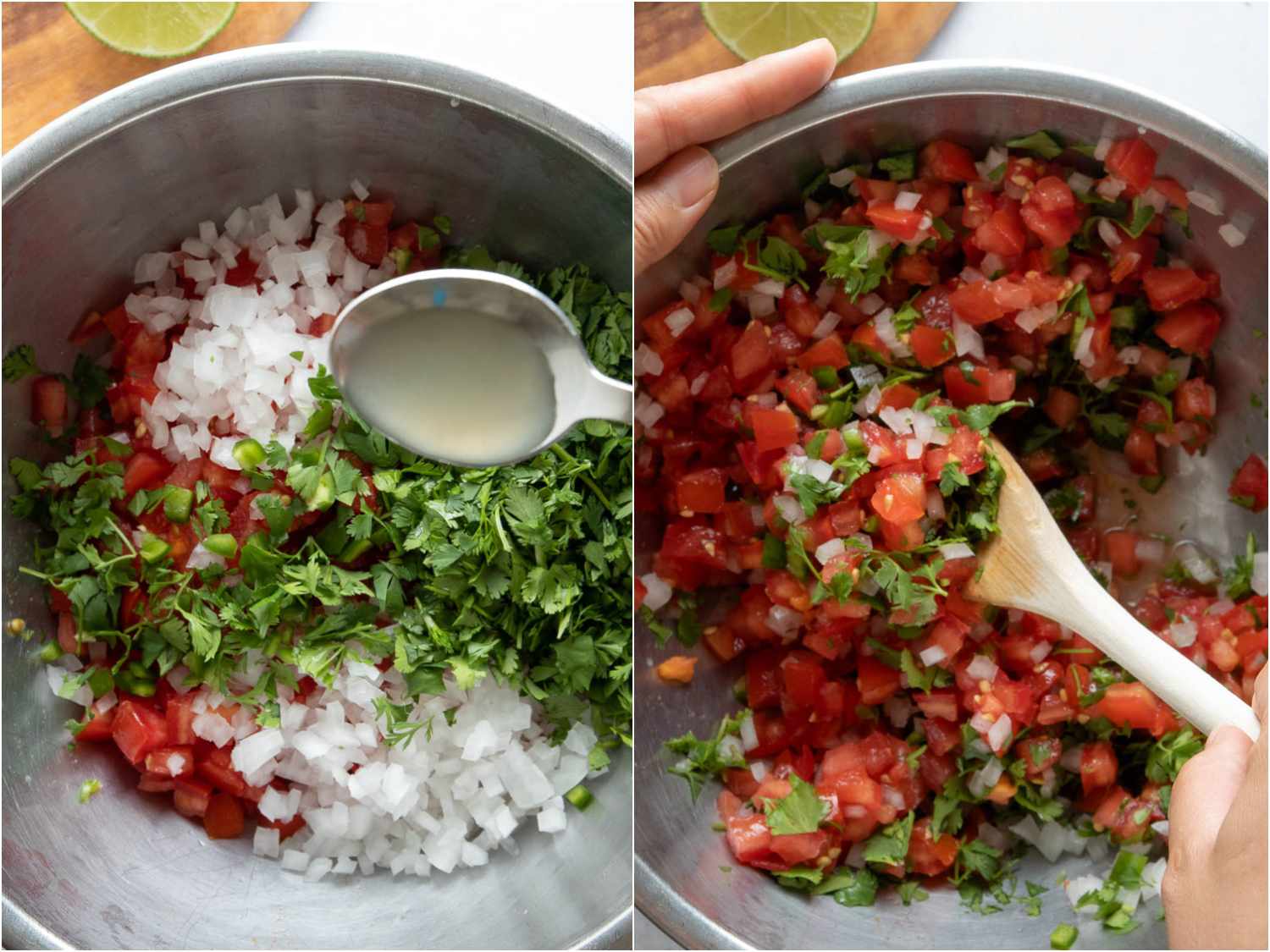 Collage of combining tomatoes with cilantro, chiles, onions, and lime juice in bowl