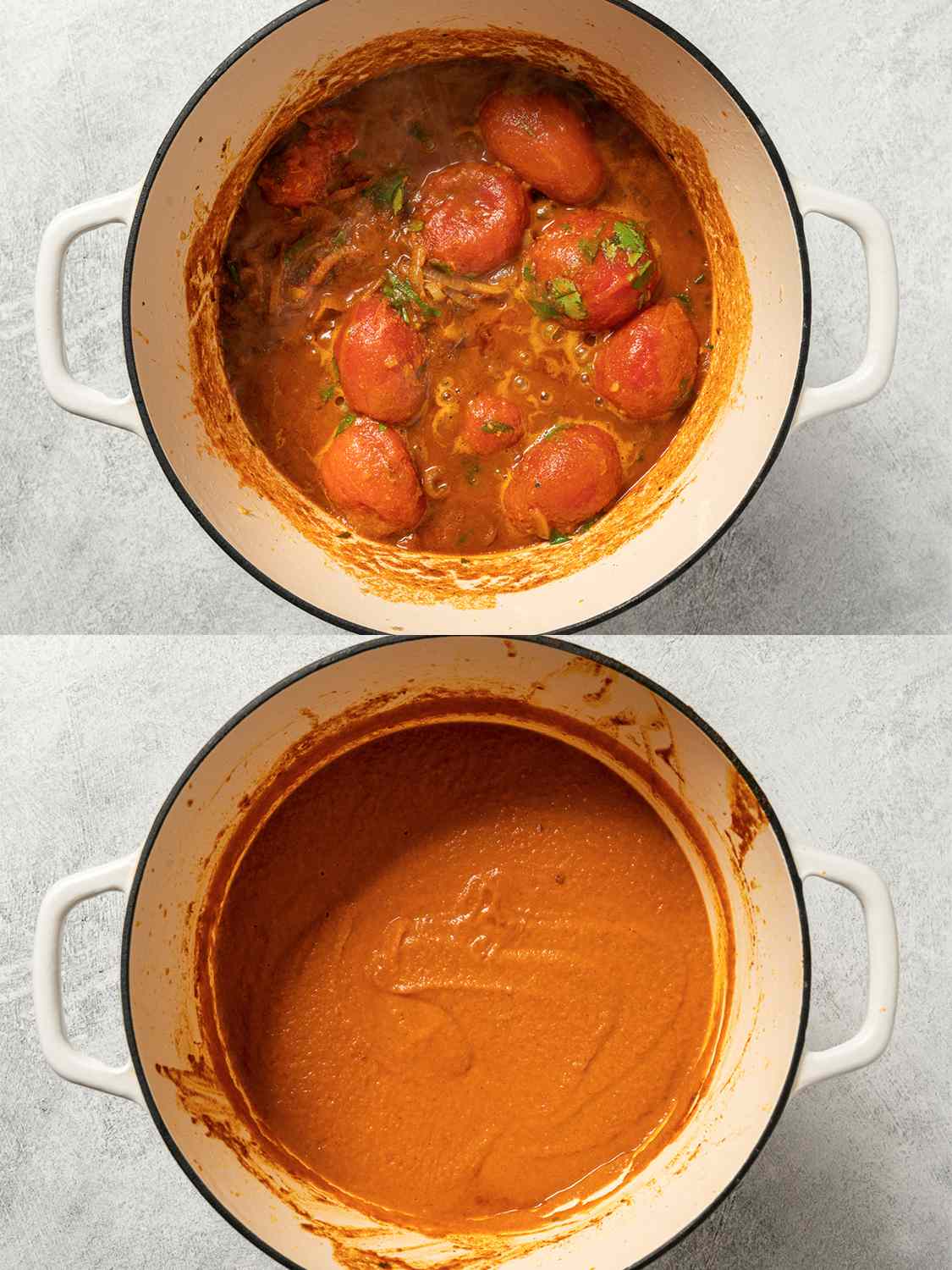 A two-image collage. The top image shows whole peeled plum tomatoes simmering with butter, onion, garlic, and ginger in a Dutch oven. The bottom image shows the sauce, now purÃ©ed, inside of the Dutch oven.