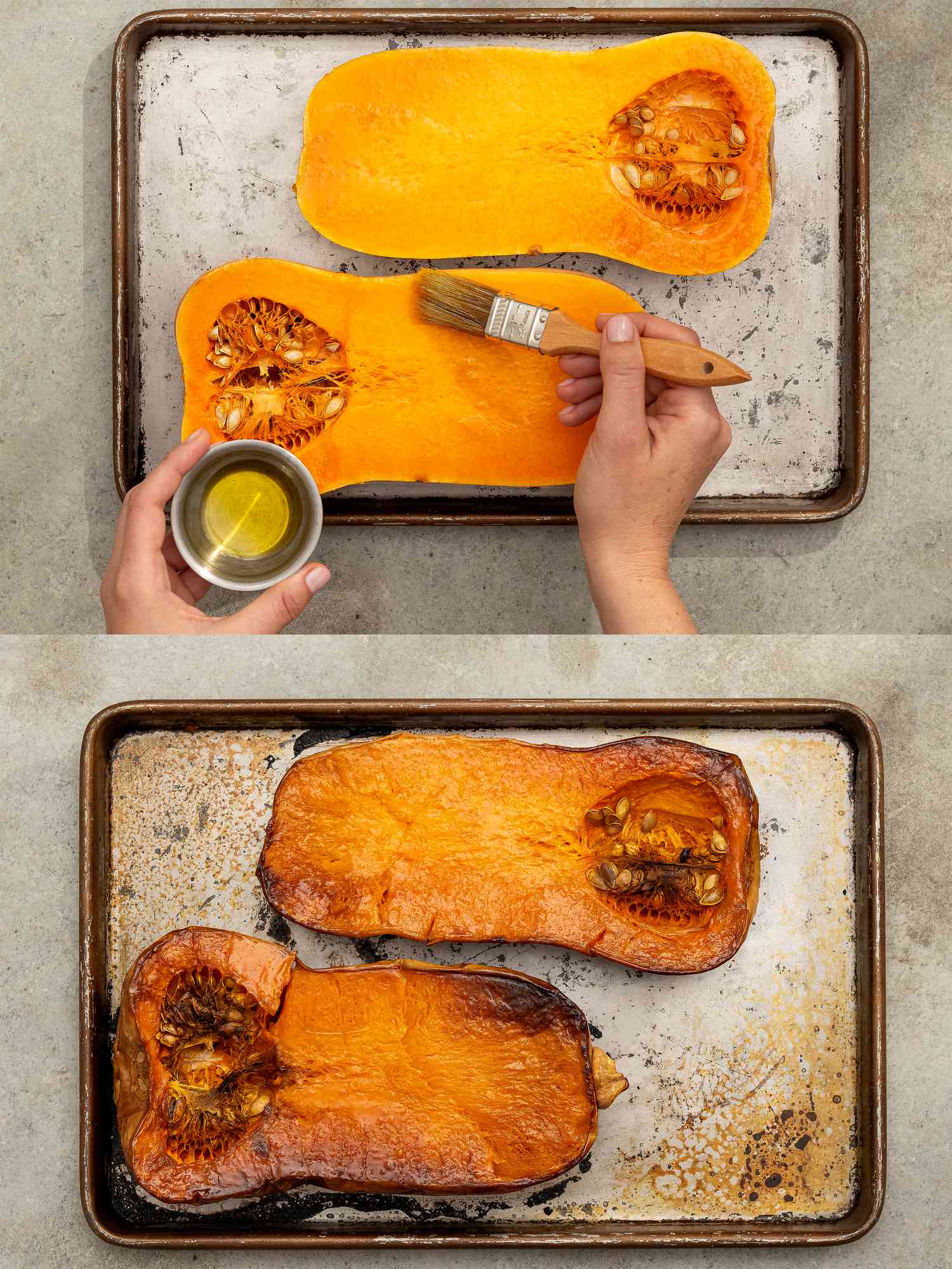 Two image collage of brushing butternut squash with oil and after squash has been roasted