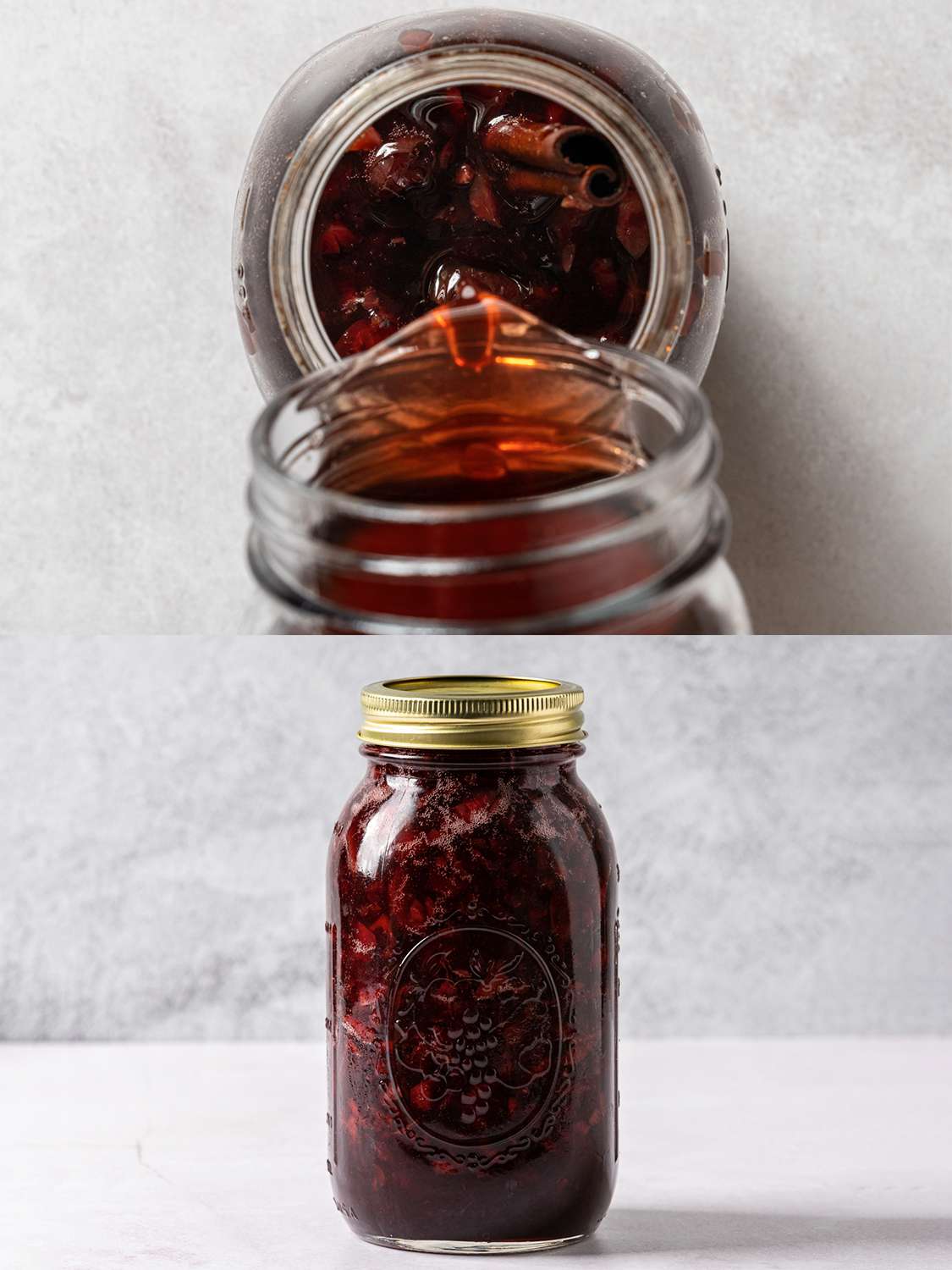 A two-image collage. The top image shows a top-down image of the cherry syrup being poured into the jar which contains the muddled cherry mixture. The bottom image shows syrup-and-muddled-cherry mixture shaken up inside of the sealed Mason jar.