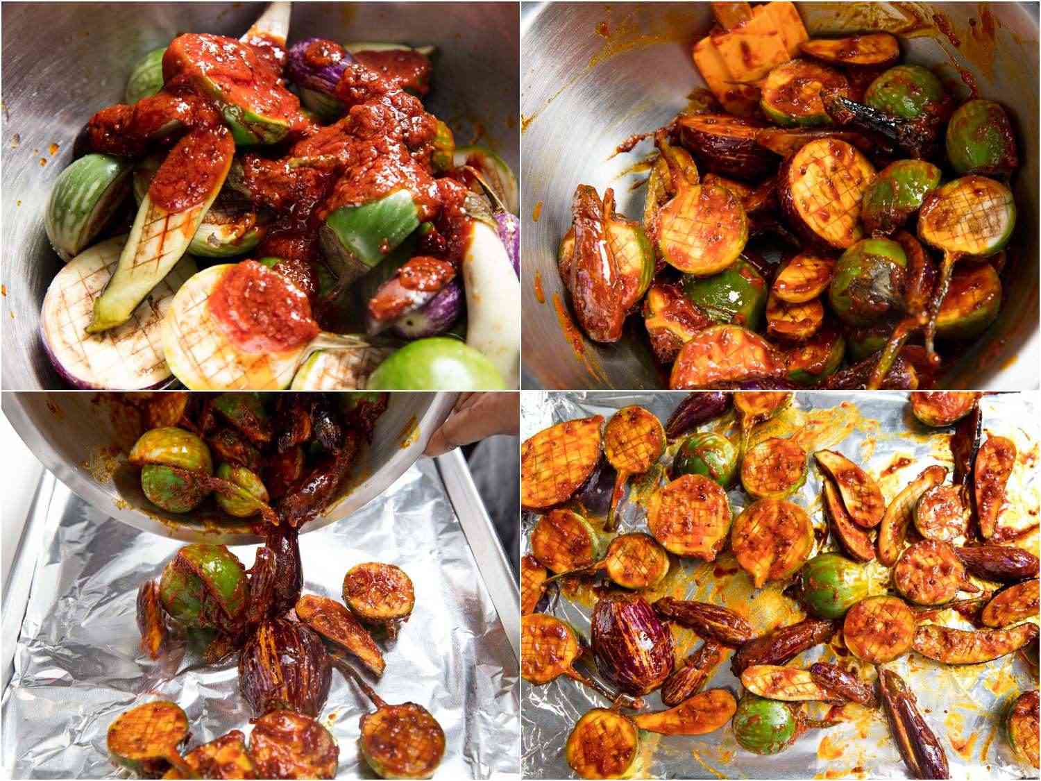 tossing eggplant with spices and spreading onto a tray to bake