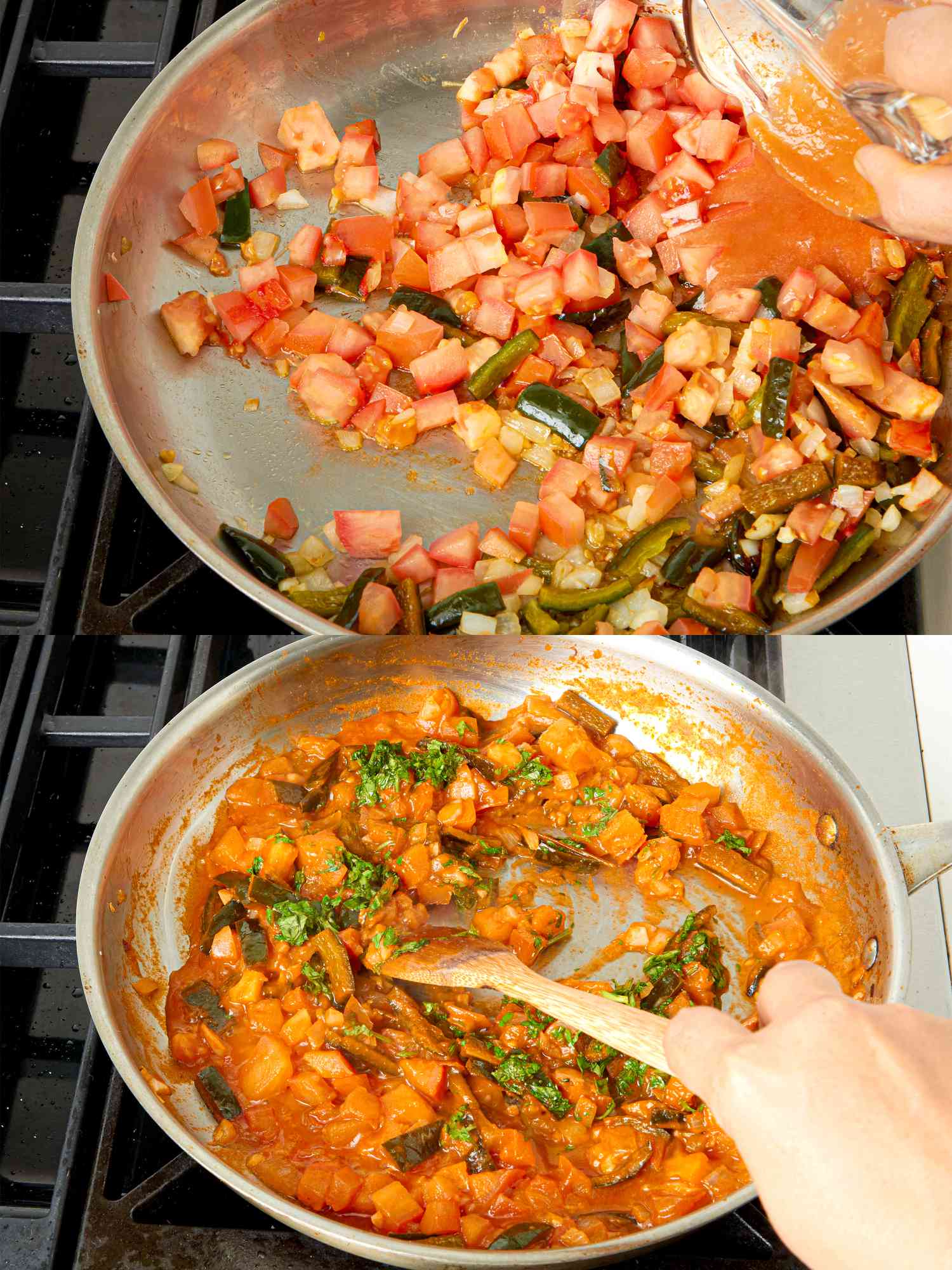 Two image collage of adding tomatos and cilantro