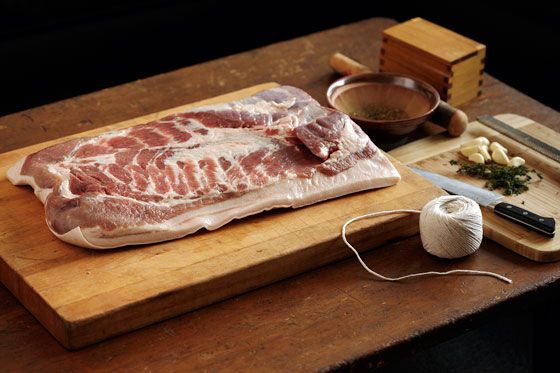 Pork belly slab ready to be turned into porchetta