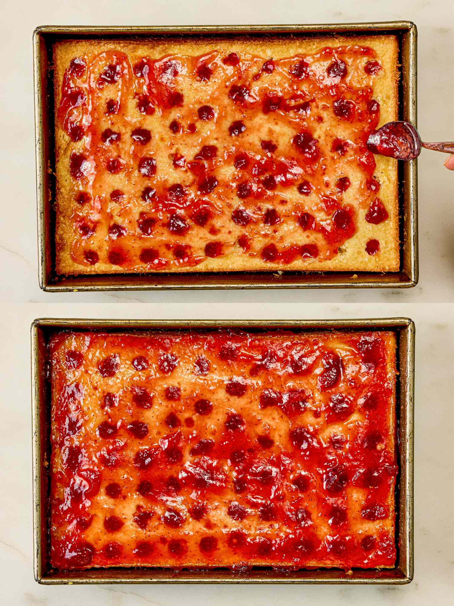 Two images of a baking tray with strawberry poke cake being prepared with a tool to create holes for filling