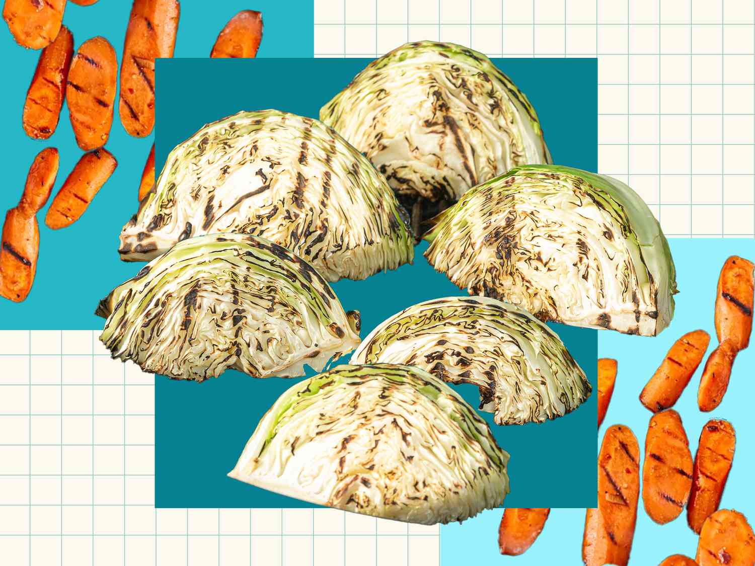 Grilled cabbages and carrots collaged together.