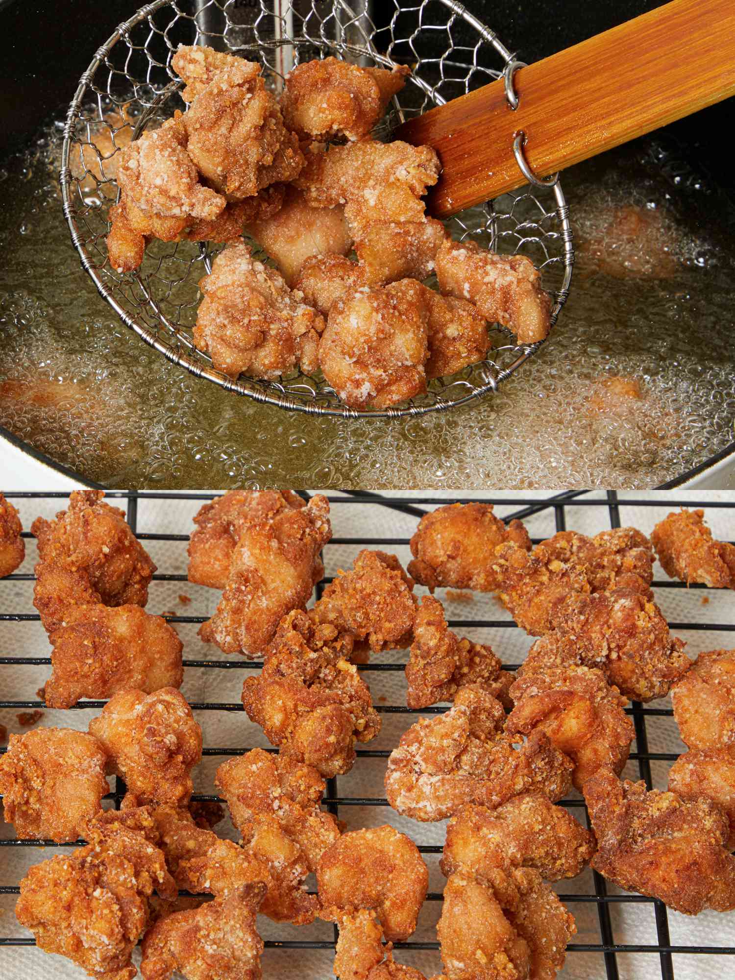Two Image Collage. Top: Fried chicken being lowered back into frying oil. Bottom: Fried chicken resting on a wire rack