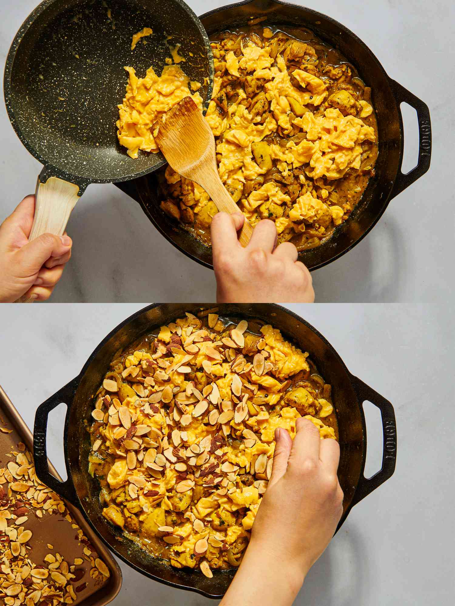 Two image collage of adding eggs and almonds