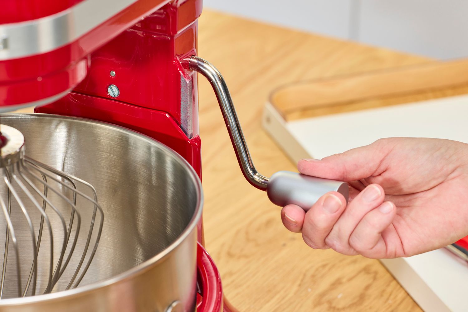 Tester adjusting KitchenAid stand mixer
