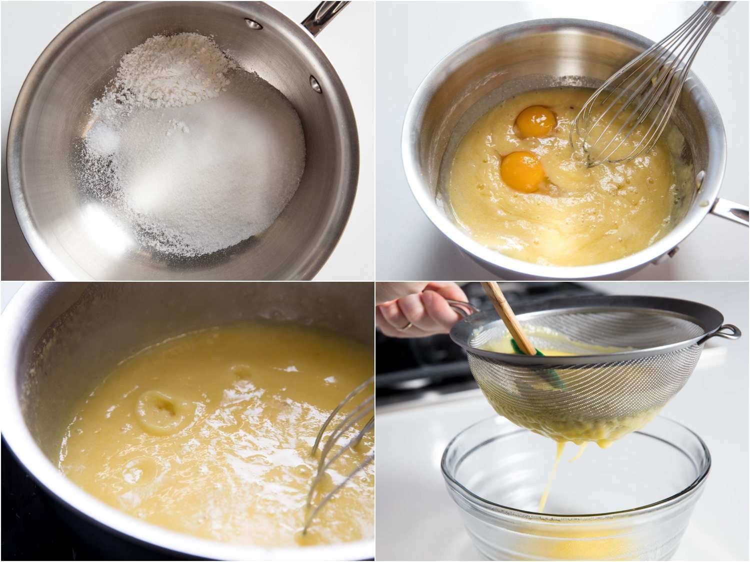 A four-image collage of making the pineapple custard base: whisking together cornstarch and sugar, adding the eggs, cooking over low heat, and then working through a fine-mesh strainer.