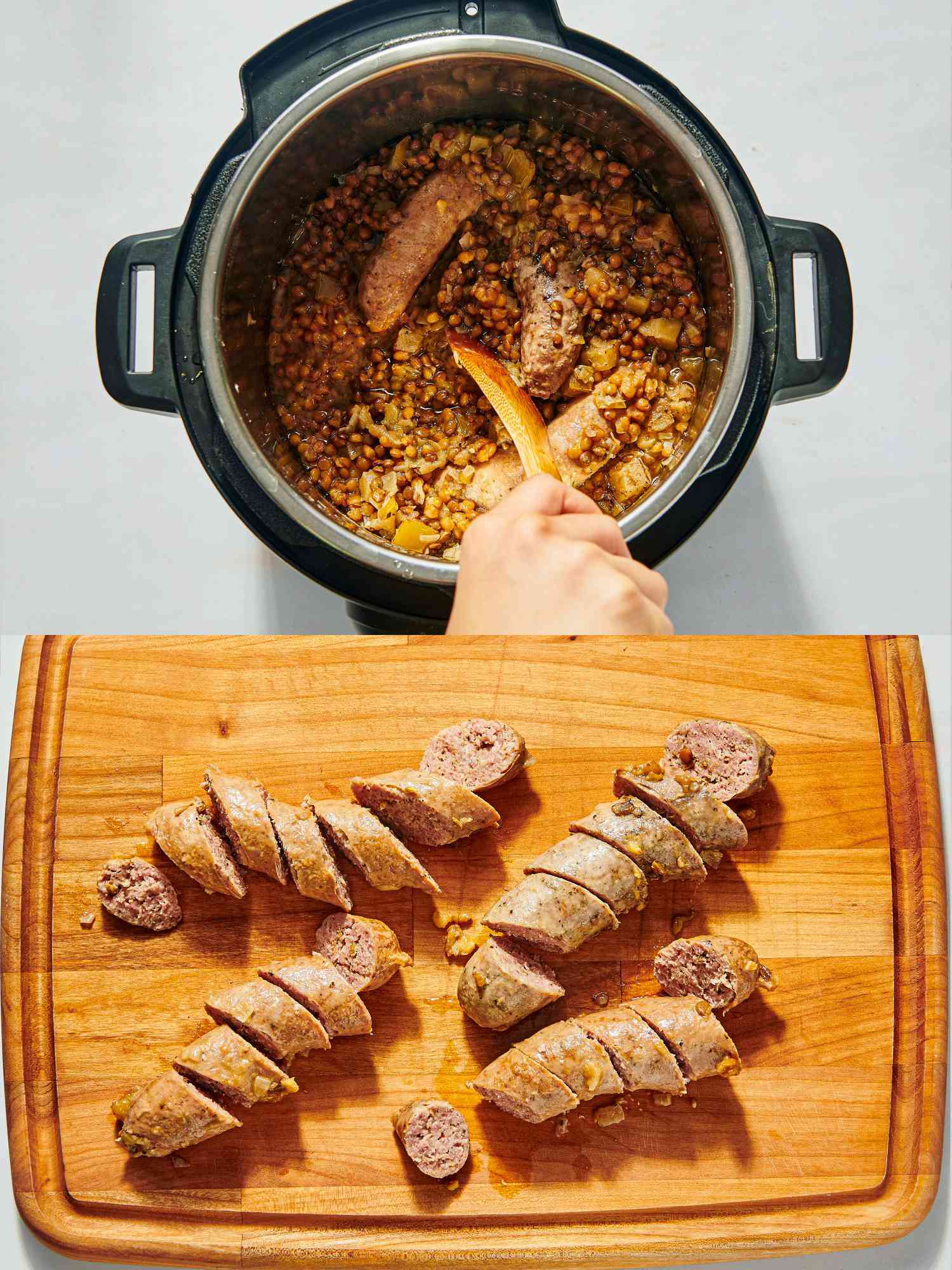 2 image collage. Top:Stirring in vinegar into cooked lentils and sausage. Bottom: Sliced sausage on a cutting board