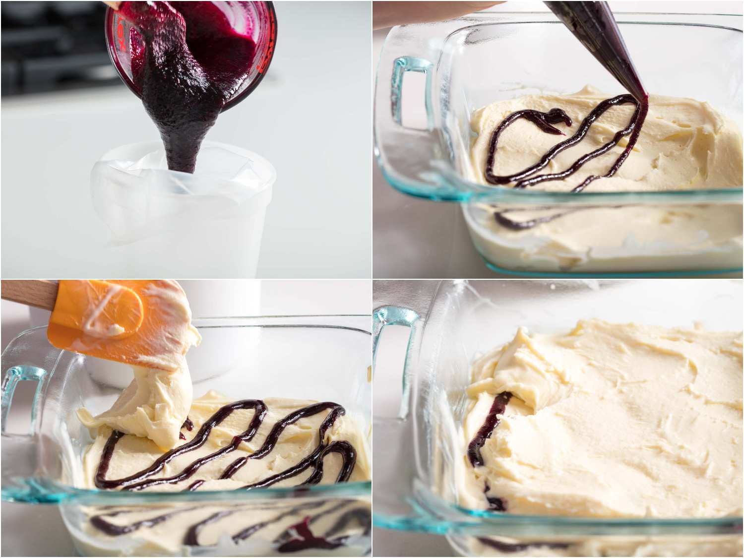 A four-image collage. The top left shows fruit syrup being transferred into a piping bag. The top right shows the syrup is being piped onto ice cream in a baking dish. The bottom left shows adding more ice cream to the baking dish on top of the first ripple layer. The bottom right shows the second layer with a swirl of syrup. 