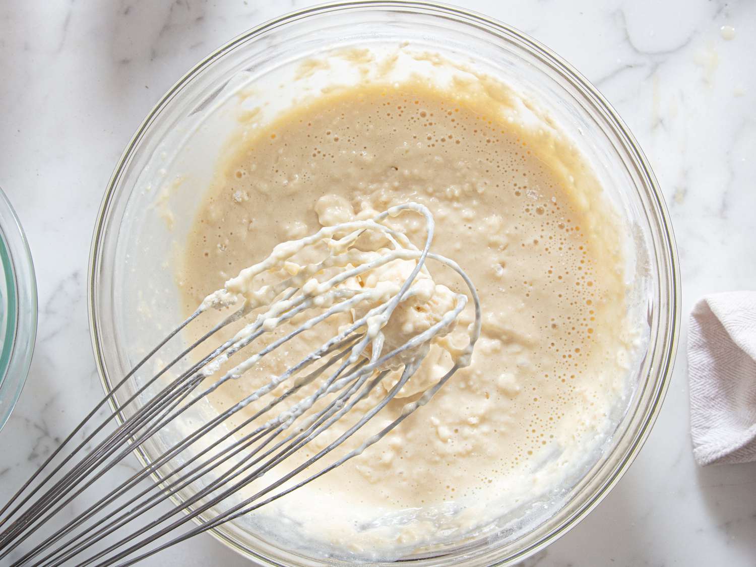 Overhead view of whisking batter