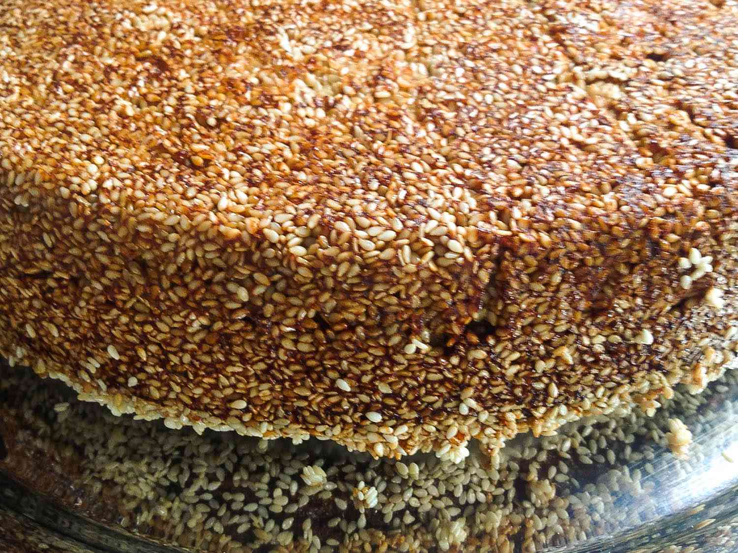 A close-up of torta bejarana, covered in golden-brown sesame seeds.