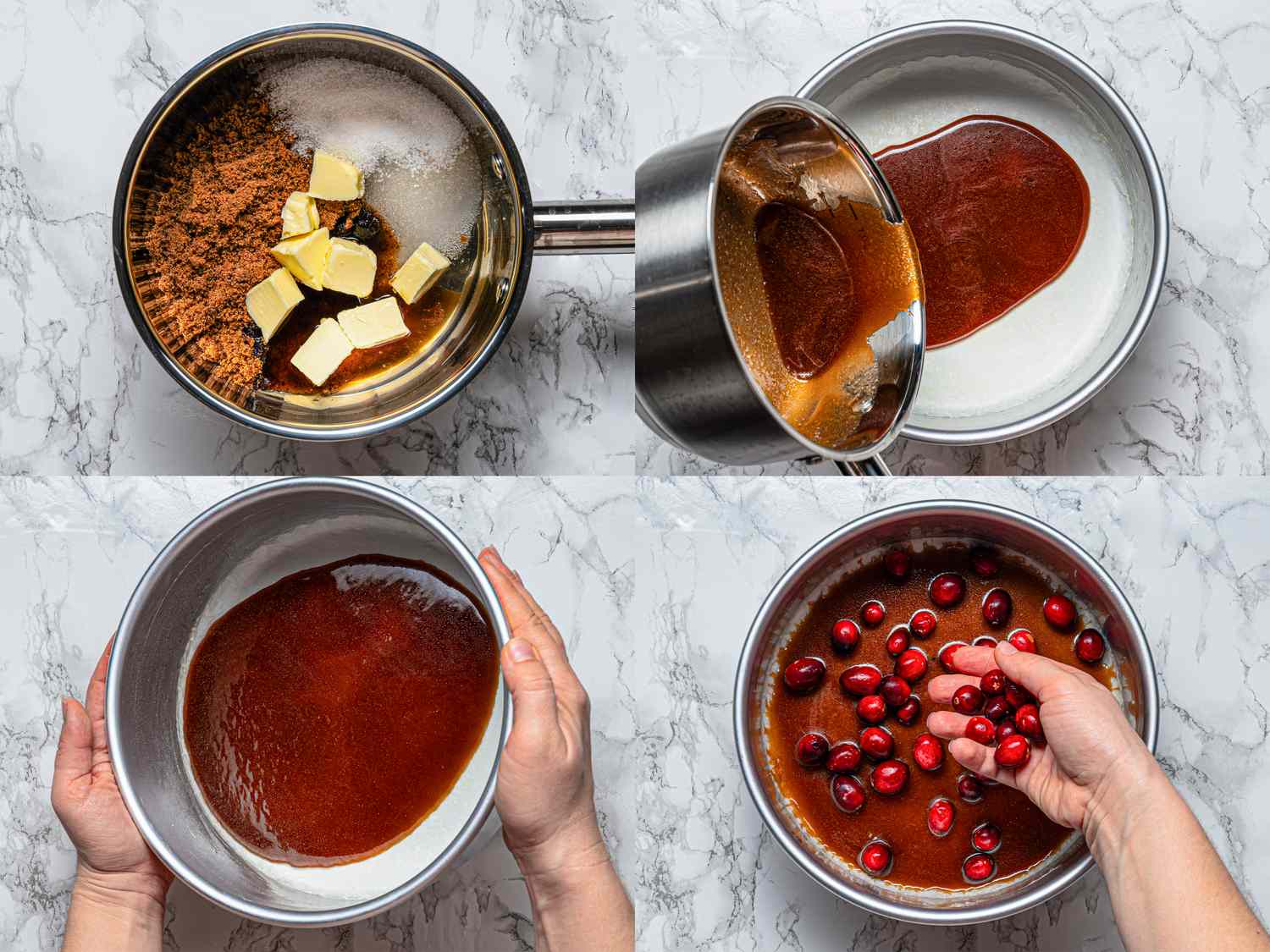 Steps for preparing a cranberry upsidedown cake including mixing ingredients and layering cranberries in a baking dish