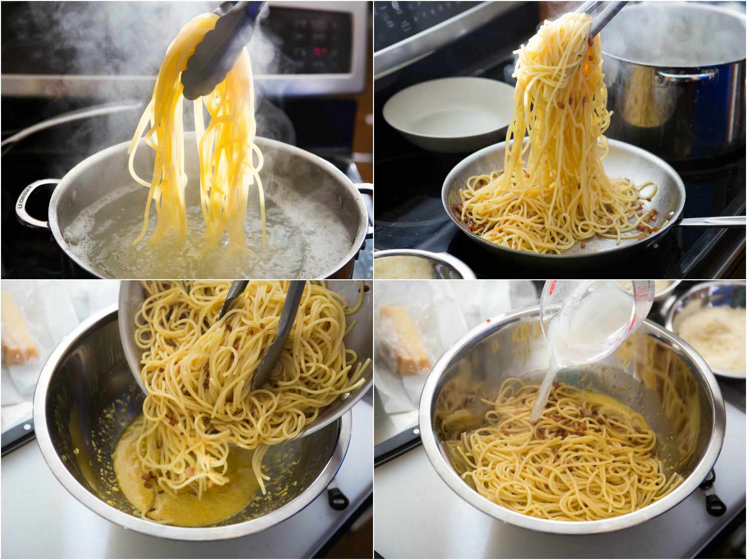 Photo collage of steps in spaghetti carbonara, showing boiling pasta, adding it to skillet with guanciale, and transferring to bowl with egg-cheese mixture and pasta water.