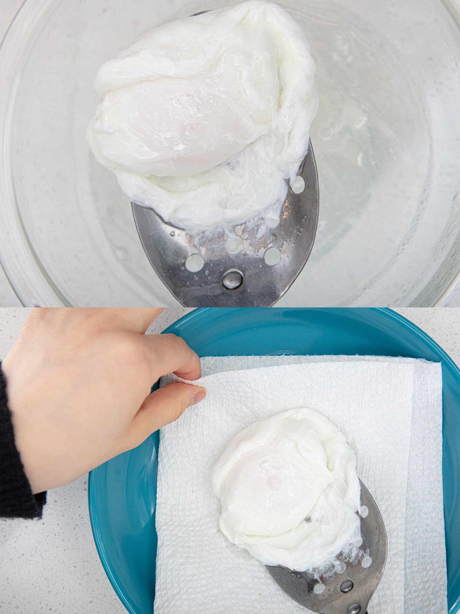 Two image collage of lifting eggs out of the bowl