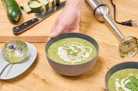 A bowl of soup made using the All-Clad Stainless Steel Immersion Blender